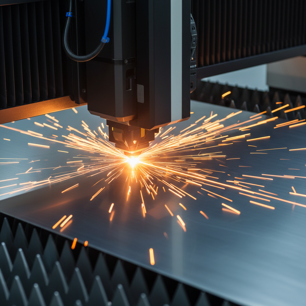 산업용 고출력 레이저 기계가 고품질 식품 등급 304 스테인리스 스틸 시트를 정밀하게 절단하는 근접 촬영 장면으로 튀어오르는 주황색 불꽃과 차가운 금속의 대비가 돋보이는 이미지
