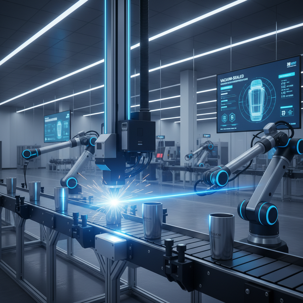 텀블러의 내부와 외부 벽을 결합하여 고성능 진공 단열층을 만드는 최첨단 레이저 용접 스테이션의 모습으로 정밀한 파란색 레이저 빔이 비추는 미래지향적 공장 내부