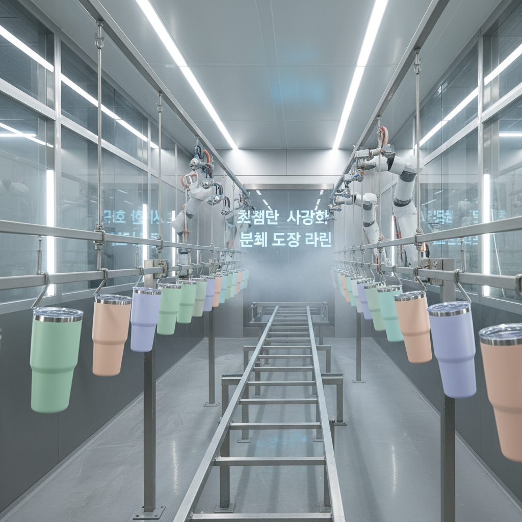 최첨단 자동화 분체 도장 라인에서 여러 개의 텀블러가 우아한 매트 파스텔 톤의 색상으로 균일하게 코팅되는 과정으로 깔끔하고 현대적인 설비 디자인이 강조된 이미지