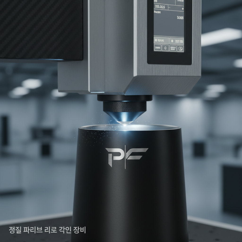 정밀 파이버 레이저 각인 장비가 무광 블랙 텀블러 표면에 세련되고 미니멀한 브랜드 로고를 미세하게 새기는 근접 촬영으로 금속의 질감과 정교함이 느껴지는 사진